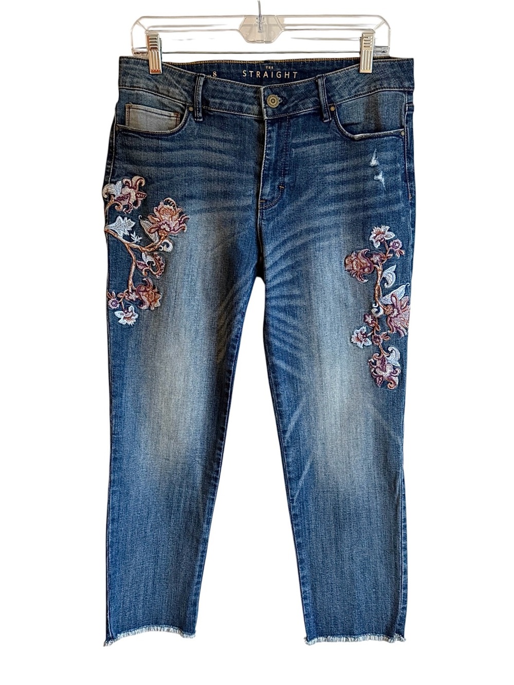 WHBM “The Straight” Mid Rise Floral Embroidered Denim Jeans Size 8 - Picture 4 of 12